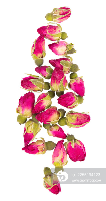 Heap of dry tea roses buds isolated on white background. Rose flower tea. Clipping path. Top view.