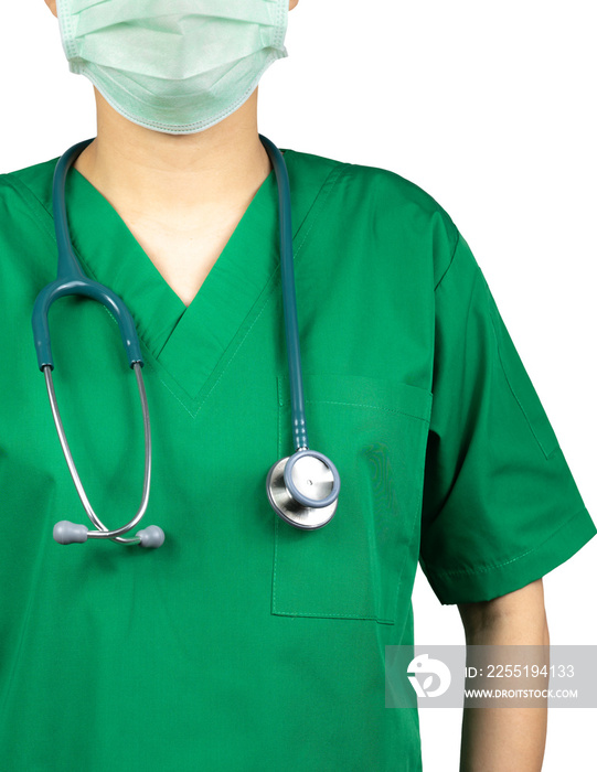 Surgeon doctor wear green scrubs shirt uniform and green face mask. Physician with stethoscope hang on neck. Healthcare professional. Surgeon doctor stand isolated on transparent background.