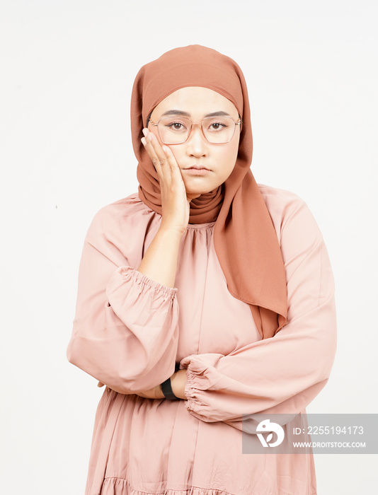 Boring gesture of Beautiful Asian Woman Wearing Hijab Isolated On White Background