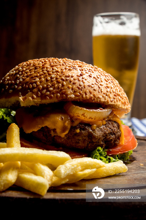 burger, fries and beer