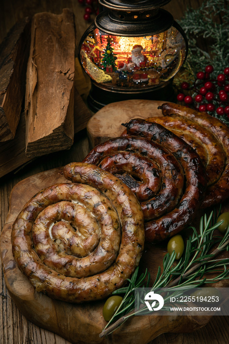 Christmas German sausages on a decorated wooden table