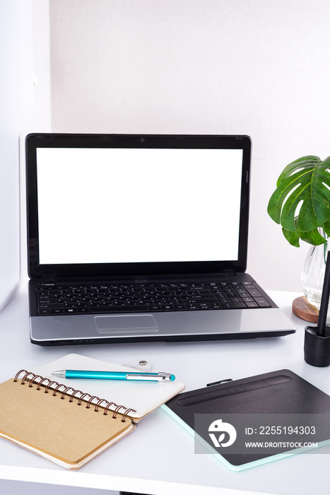 Workplace with notebook laptop, and graphics tablet and palm leaves. Comfortable work table in home or office