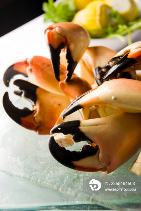 Stone crab claws. Colossal Crab claws served with lemons, spicy rémoulade sauce on top of a mixed green salad. Classic American restaurant or steakhouse appetizer or entree.