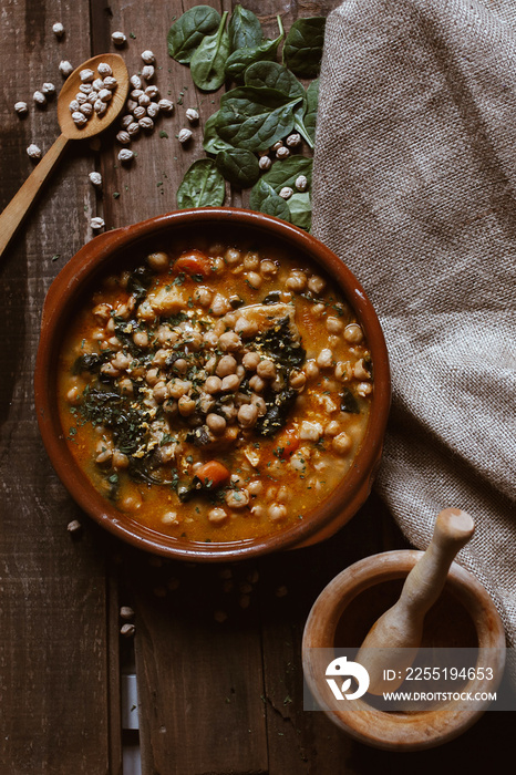 Vegan food. Chickpeas with chard. Potaje is a typical Spanish food