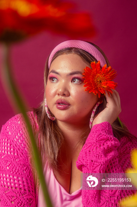 Asian female colour blocked fashion studio portrait