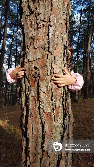 kids hands hugging tree trunk