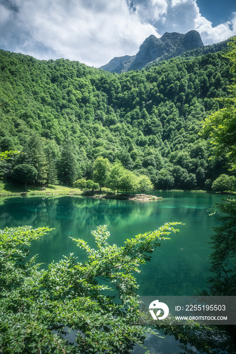 Emerald green pond of Bethmale in Ariege Pyrenees France