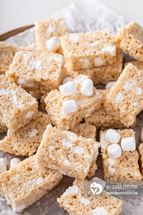 Traditional rice crispy treats cut up on the table