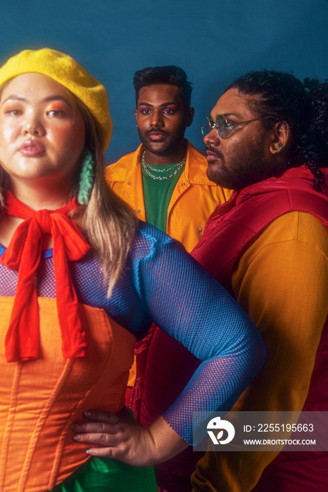 Trio fashion colour blocked studio portrait