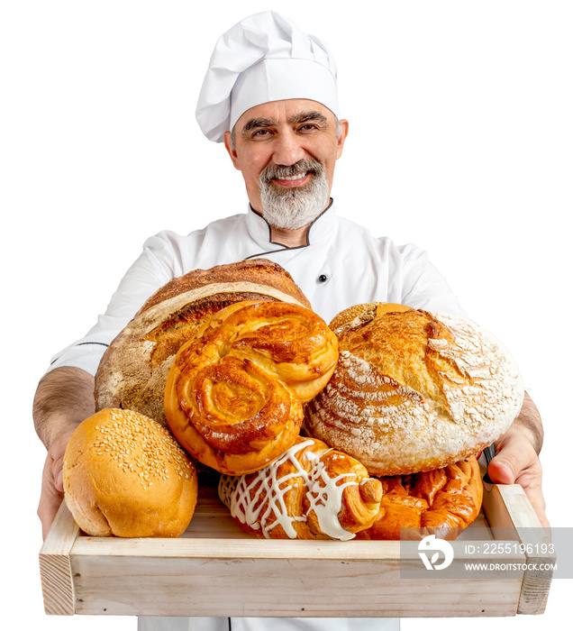 Chef-cooker in a chef’s hat and jacket working in bakery, holding tray with bread and rolls. Senior professional baker man wearing a chef’s outfit. Character kitchener, pastry chef for advertising