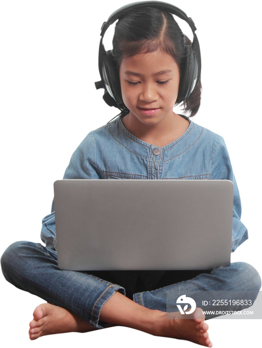 Little girl using laptop  isolated