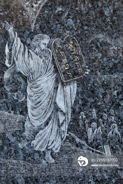 City of Paris cemetery, Bagneux, Hauts-de-Seine, France. Moses relief on a Jewish memorial stone