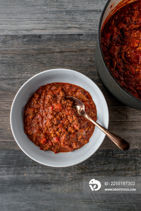 bowl of homemade beanless chili top view