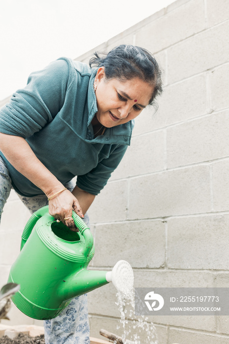 South Asian woman gardening in backyard