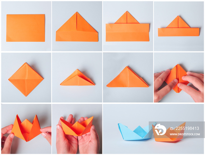 Step by step photo instruction. How to make origami paper boat. DIY for children. Children’s art project craft for kids