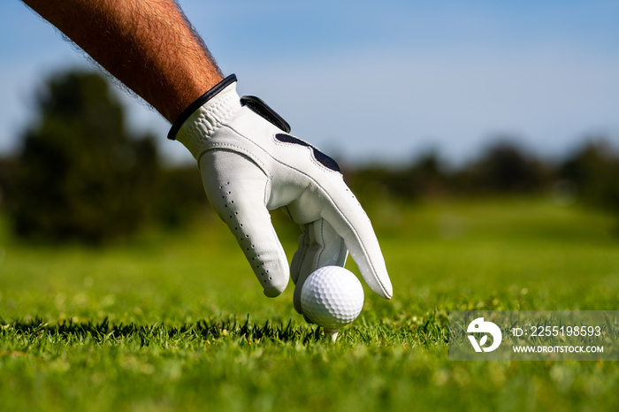 Hand hold golf ball. Golfer man with golf glove. Man golfer playing golf on a golf course.