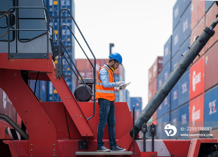 Professional container yard workers are working and checking at Container yard warehouse,Cargo Shipping Import and Export industry.