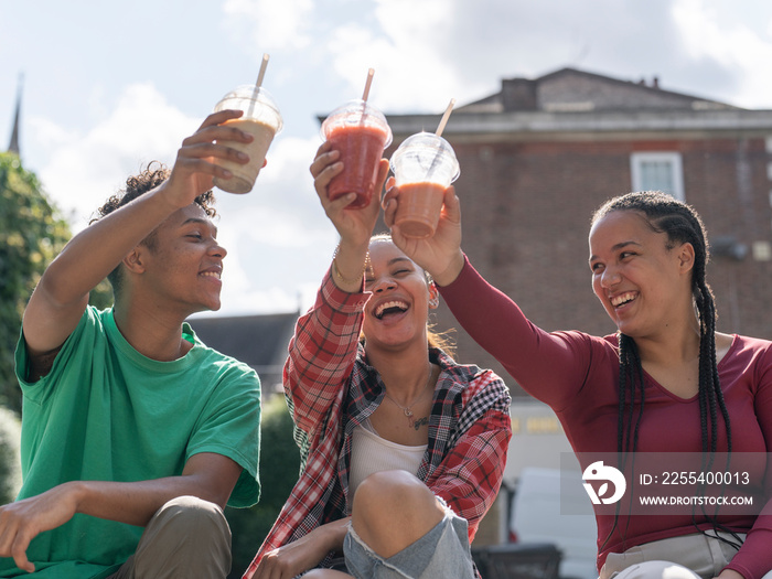 Friends toasting with smoothies on sunny day