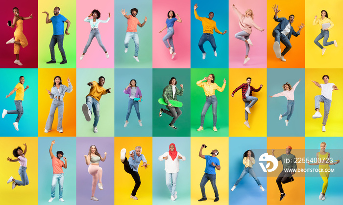 Happy Emotions. Group Of Cheerful Multiethnic People Posing Over Colorful Backgrounds