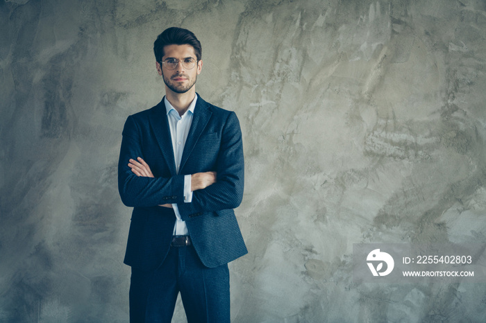 Portrait of serious businessman cross his hands dream about rich wealthy company owning want be real boss wear stylish tux tuxedo isolated over grey color background