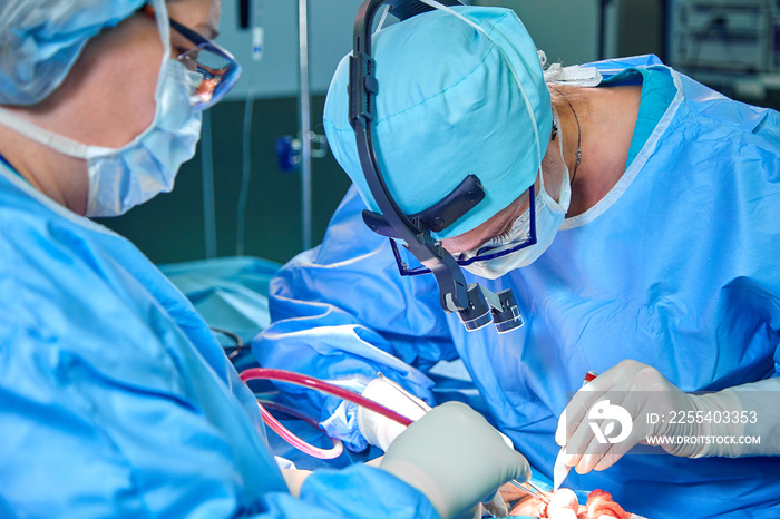 A surgeon’s team in uniform performs an operation on a patient at a cardiac surgery clinic. Modern medicine, a professional team of surgeons, health.