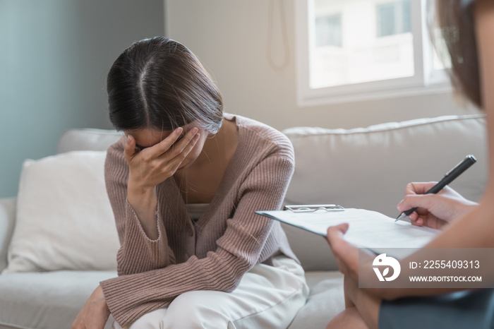 stressed woman consultation a psychologist about mental health problem