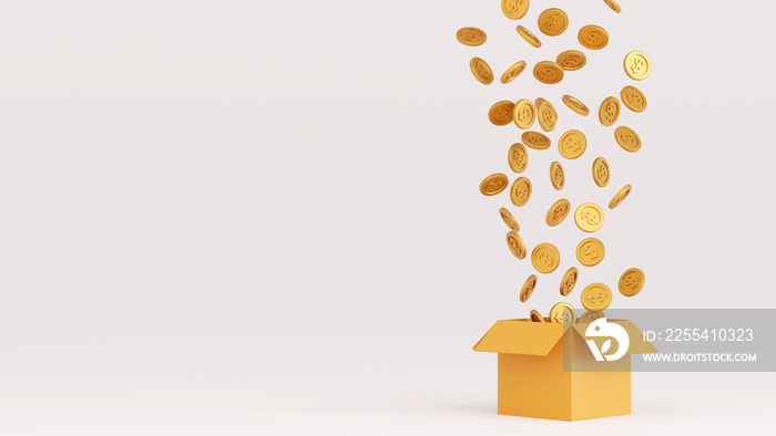 Gold coins explode or overflow from a box, take profit, jackpot winner concept, 3D rendering.