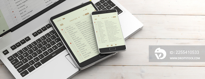 Email lists on smartphone and tablet screens, computer keyboard and office desk, banner. 3d illustration