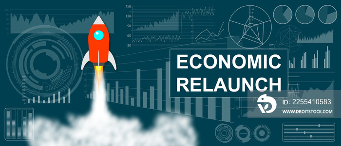 Concept of economic relaunch with a rocket launch on charts background