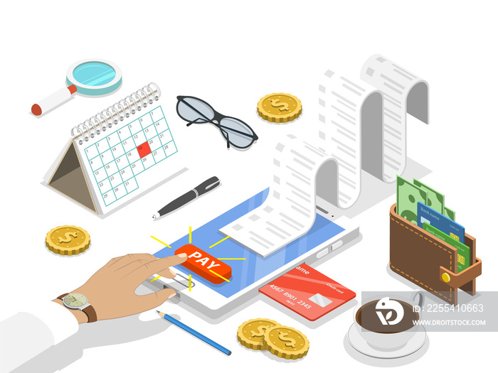 Bills online payment flat isometric  concept