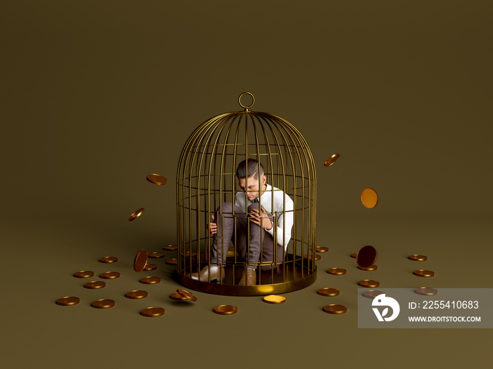 person inside a golden cage with coins around