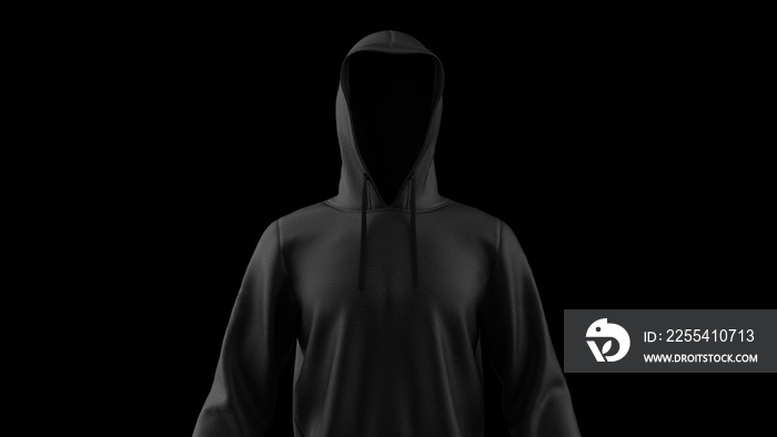 Anonimous hacker with black hoodie in shadow under spot lighting background. Dangorous criminal concept image. 3D CG. 3D illustration. 3D high quality rendering.