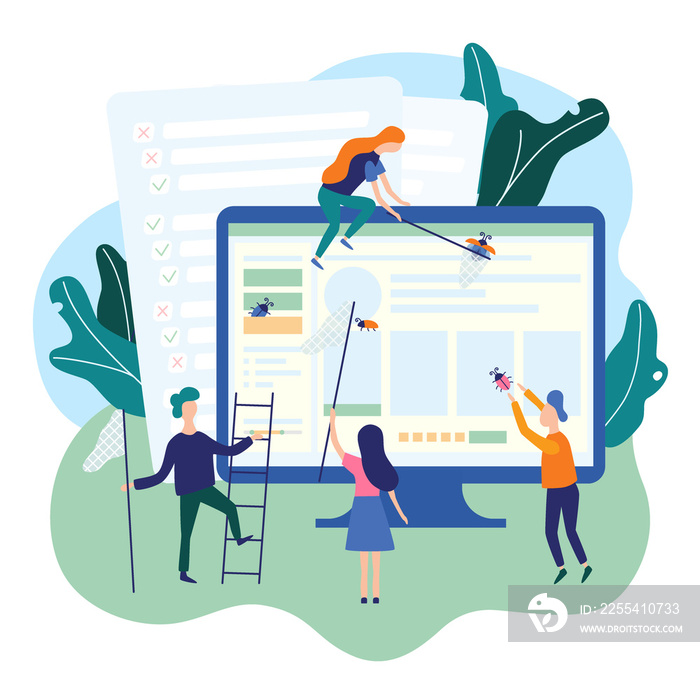 People catching bugs on the web page. IT software application testing, quality assurance, QA team and bug fixing concept. Illustration in cartoon and flat style