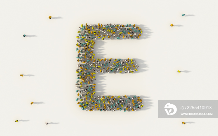 Large group of people forming letter E, capital English alphabet text character in social media and community concept on white background. 3d sign symbol of crowd illustration from above