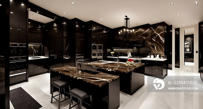 Photo of a spacious modern kitchen with sleek black cabinets and elegant marble countertops