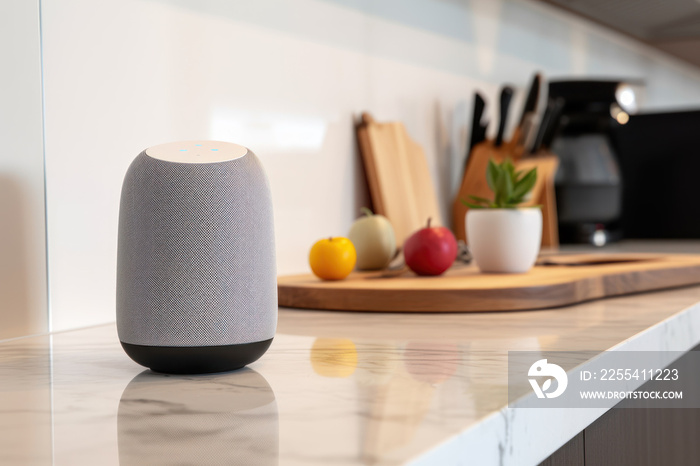 Smart speaker, virtual assistant with AI voice recognition, on a kitchen counter