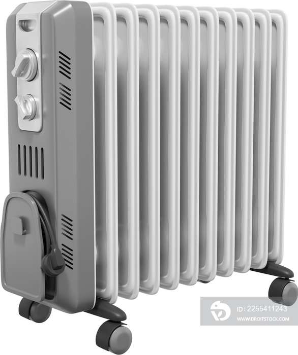 Electric oil radiator heater. Gray PNG icon on transparent background. 3D rendering.