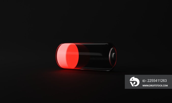 low battery isolated on black background. red neon light. transparent glass battery concept. 3d rendering