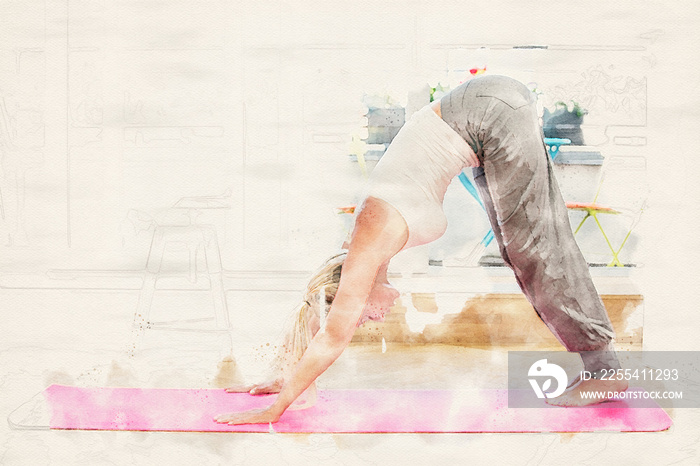 woman doing yoga in her living room in watercolors