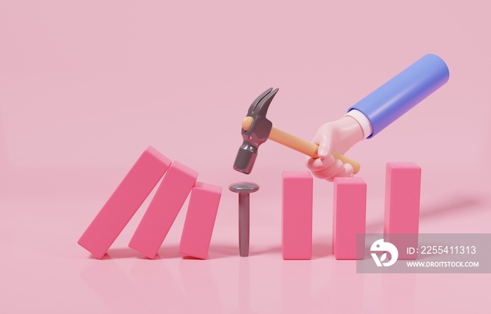 Hand hammering nail to prevent bar graph collapse as domino effect, business risk management to avoid huge damage concept, 3d render illustration.