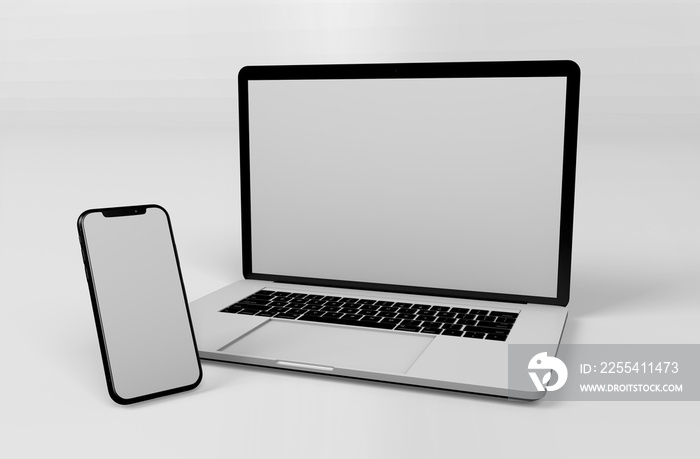 Mock up set Laptop and Smartphone realistic style mockup device set front view icons for user interface applications and responsive web design with a blank screen. Illustration