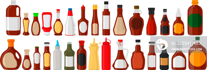 big kit varied glass bottles filled liquid sauce ketchup