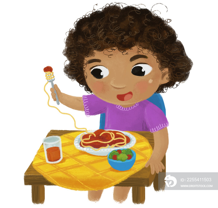 cartoon scene with girl eating healthy dinner illustration for children