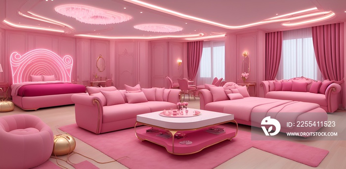 Photo of a bright and colorful living room with various shades of pink furniture