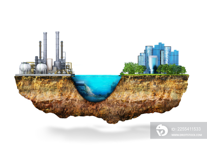 Factory. The concept of global disaster. Earth with geological soil cross section, 3D illustration