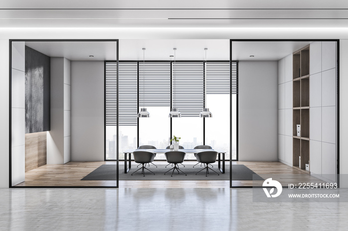 Contemporary concrete and wooden meeting room office interior with window and city view, furniture, glass walls and carpet. 3D Rendering.