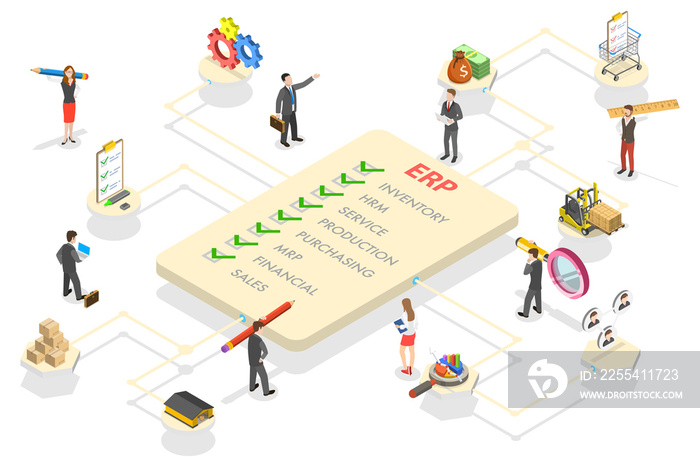 3D Isometric Flat  Conceptual Illustration of ERP - Enterprise Resource Planning