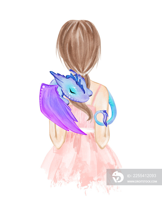 Girl holding little dragon. Hand drawn watercolor illustration