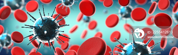 Coronavirus, Covid-19, SARS-CoV-2 virus and blood cells - 3D illustration