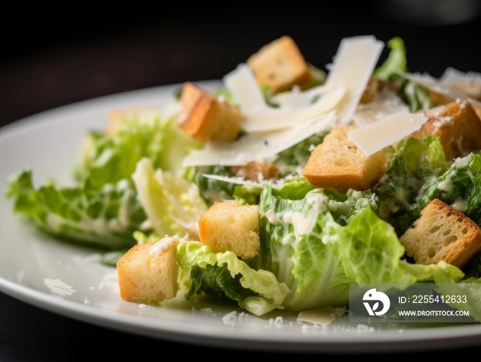 Caesar salad with fresh lettuce, crunchy croutons, and shaved Parmesan cheese